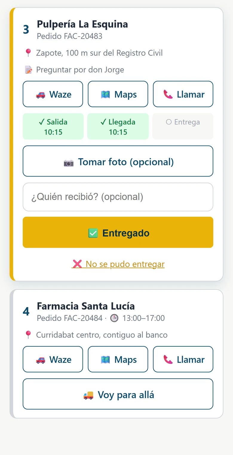 App del chofer: lista de entregas con botones de Waze, Maps y Llamar, y el botón Entregado