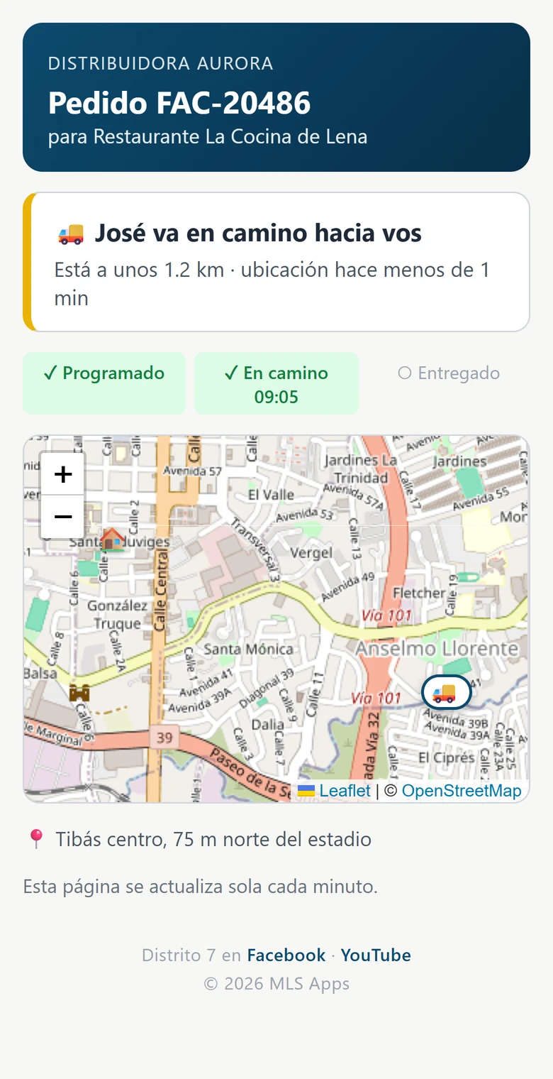Página del cliente: el chofer va en camino, a 1,2 km, con el mapa